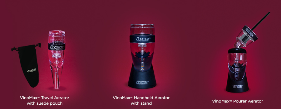 VinoMax™ Travel Aerator with suede pouch, VinoMax™ Handheld Aerator with stand, VinoMax™ Pourer Aerator 